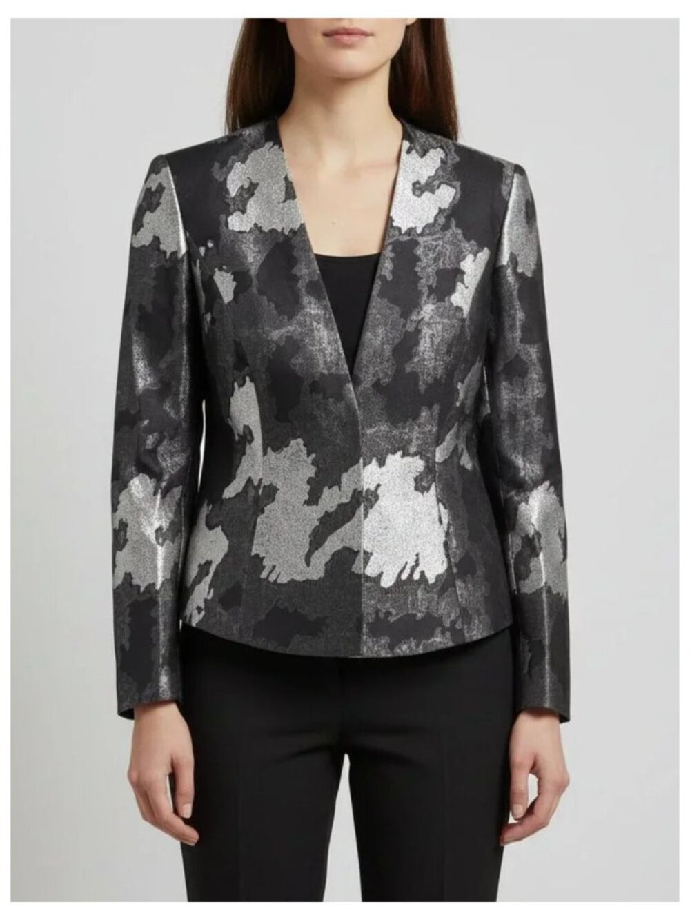 ESCADA Black/Silver Silk Blend Brocade Long Sleeve Blazer Women 10/42 NEW